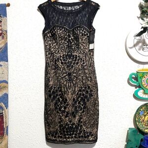 SUEWONG Black Nude Lace Overlay Sheath Dress Style C3230 Size 6